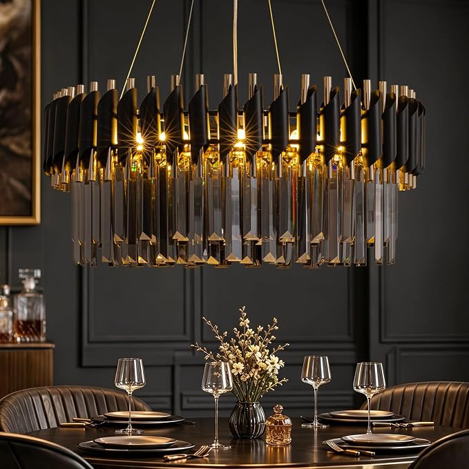7PMBEANE Modern 23.6-Inch 10-Light Black Smoke Gray Crystal Chandelier