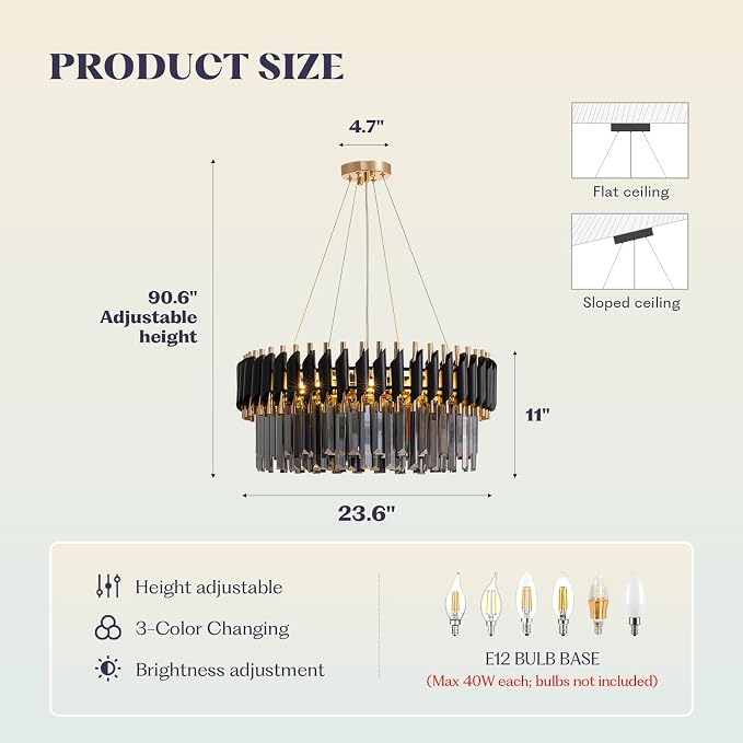 7PMBEANE Modern 23.6-Inch 10-Light Black Smoke Gray Crystal Chandelier