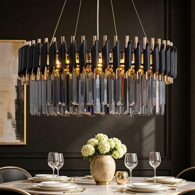 7PMBEANE Modern 23.6-Inch 10-Light Black Smoke Gray Crystal Chandelier