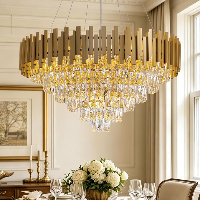 7PMBEANE Modern 31.5-Inch 15-Light Gold Crystal Chandelier