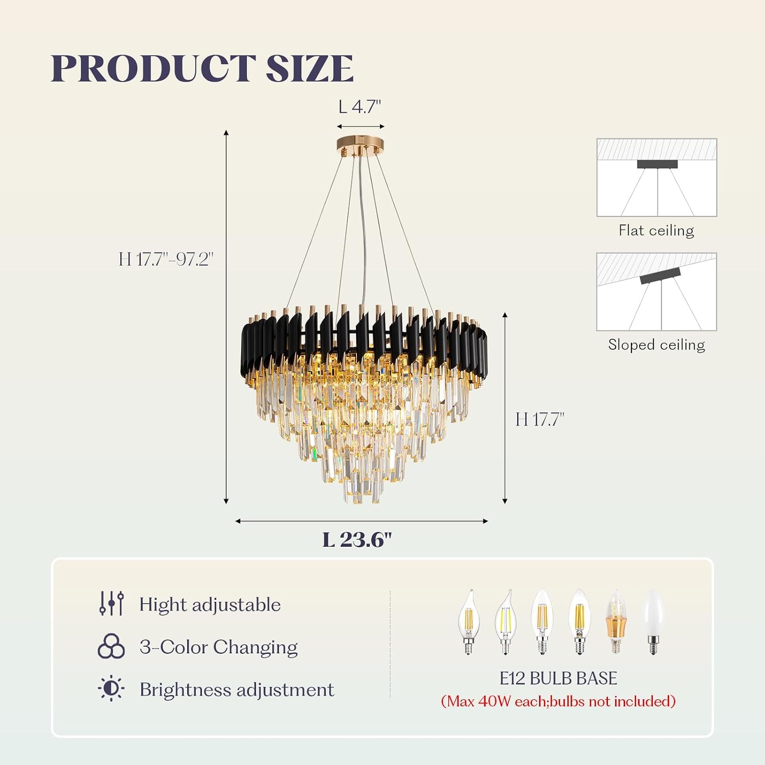 7PMBEANE Modern 24-Inch 11-Light Black Gold Crystal Chandelier