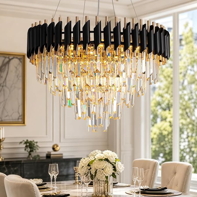7PMBEANE Modern 24-Inch 11-Light Black Gold Crystal Chandelier