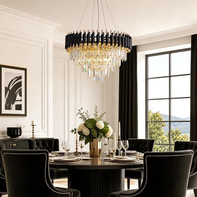 7PMBEANE Modern 24-Inch 11-Light Black Gold Crystal Chandelier