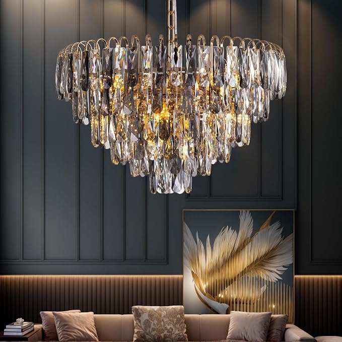 7PMBEANE Modern 24-Inch 10-Light Smoke Gray Crystal Chandelier