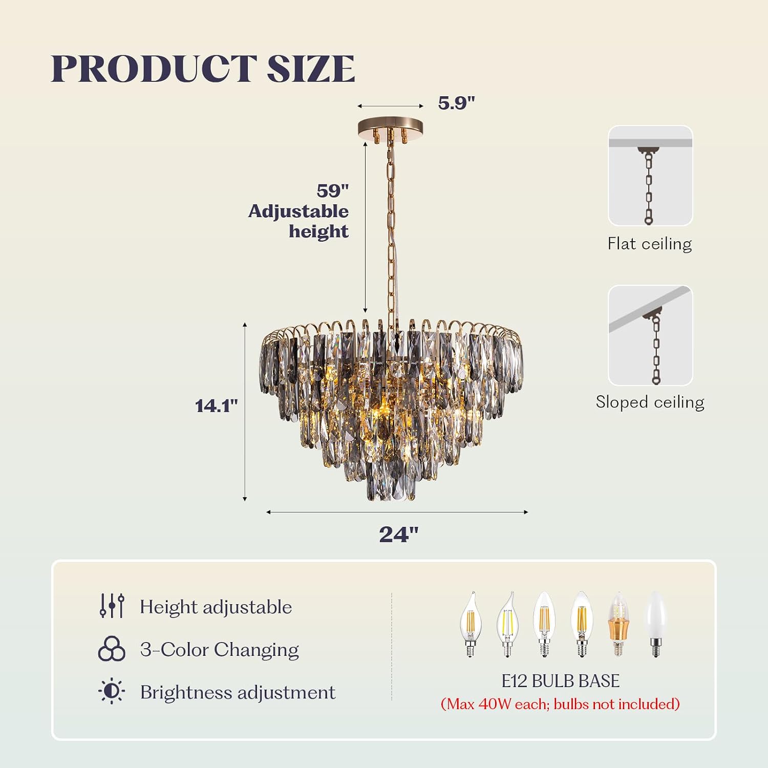 7PMBEANE Modern 24-Inch 10-Light Smoke Gray Crystal Chandelier