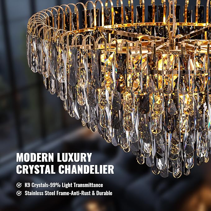 7PMBEANE Modern 24-Inch 10-Light Smoke Gray Crystal Chandelier
