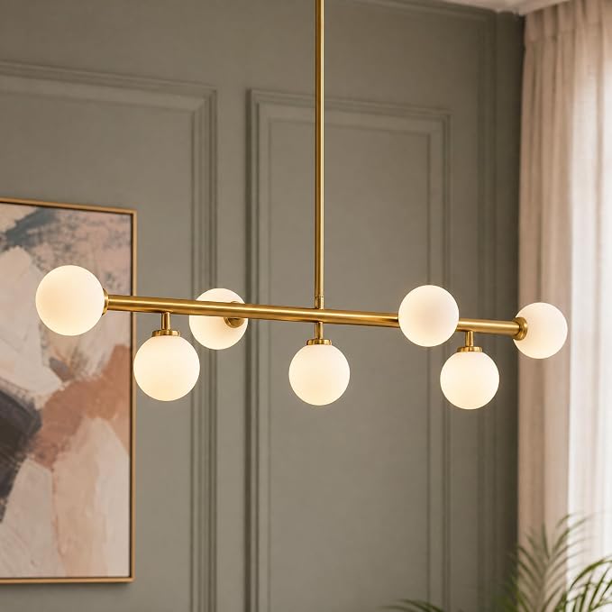 7PMBEANE Modern 7-Light Gold Glass Globe Linear Chandelier