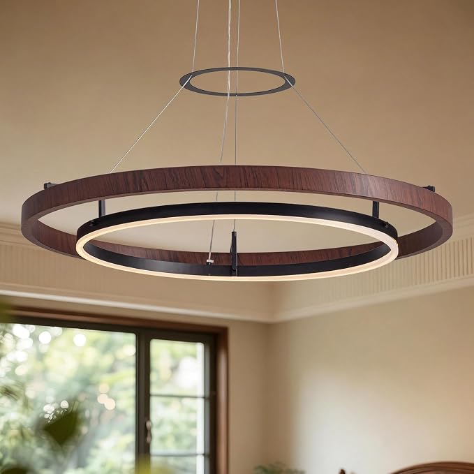 7PMBEANE Modern 31.5-Inch LED Wood Grain Double Ring Chandelier