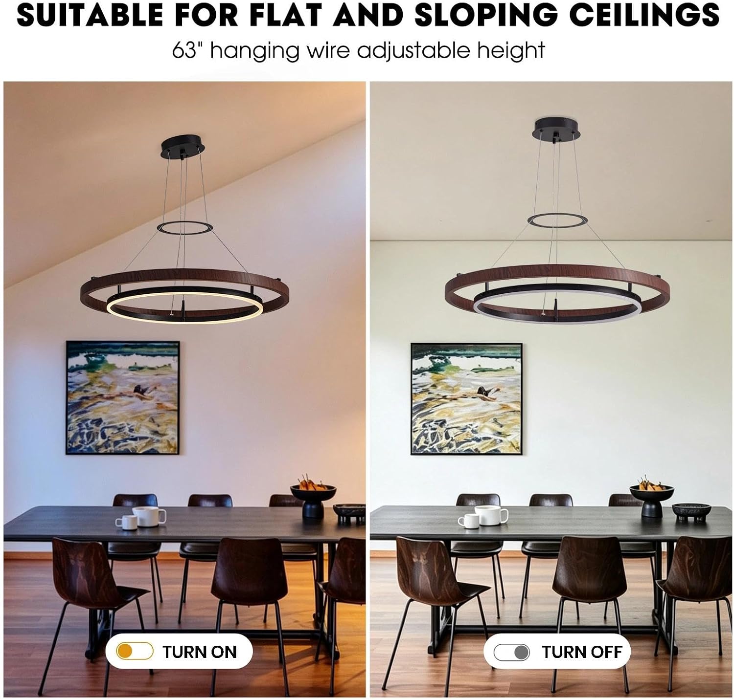 7PMBEANE Modern 31.5-Inch LED Wood Grain Double Ring Chandelier