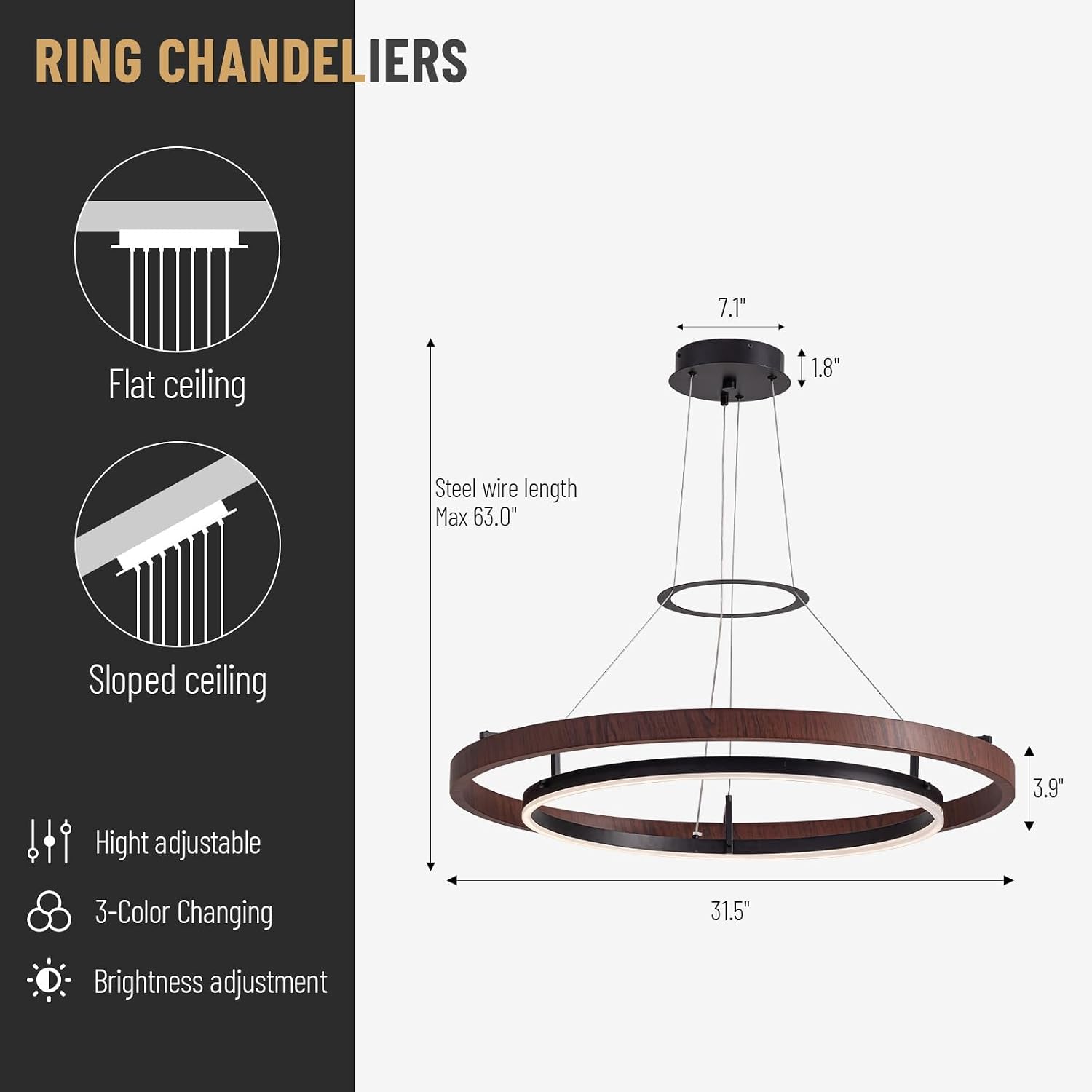 7PMBEANE Modern 31.5-Inch LED Wood Grain Double Ring Chandelier