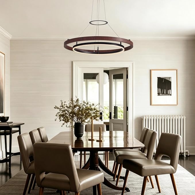 7PMBEANE Modern 31.5-Inch LED Wood Grain Double Ring Chandelier
