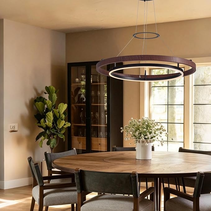 7PMBEANE Modern 31.5-Inch LED Wood Grain Double Ring Chandelier