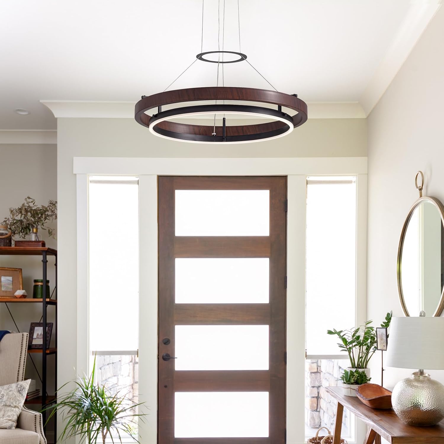 7PMBEANE Modern 24-Inch LED Wood Grain Ring Chandelier
