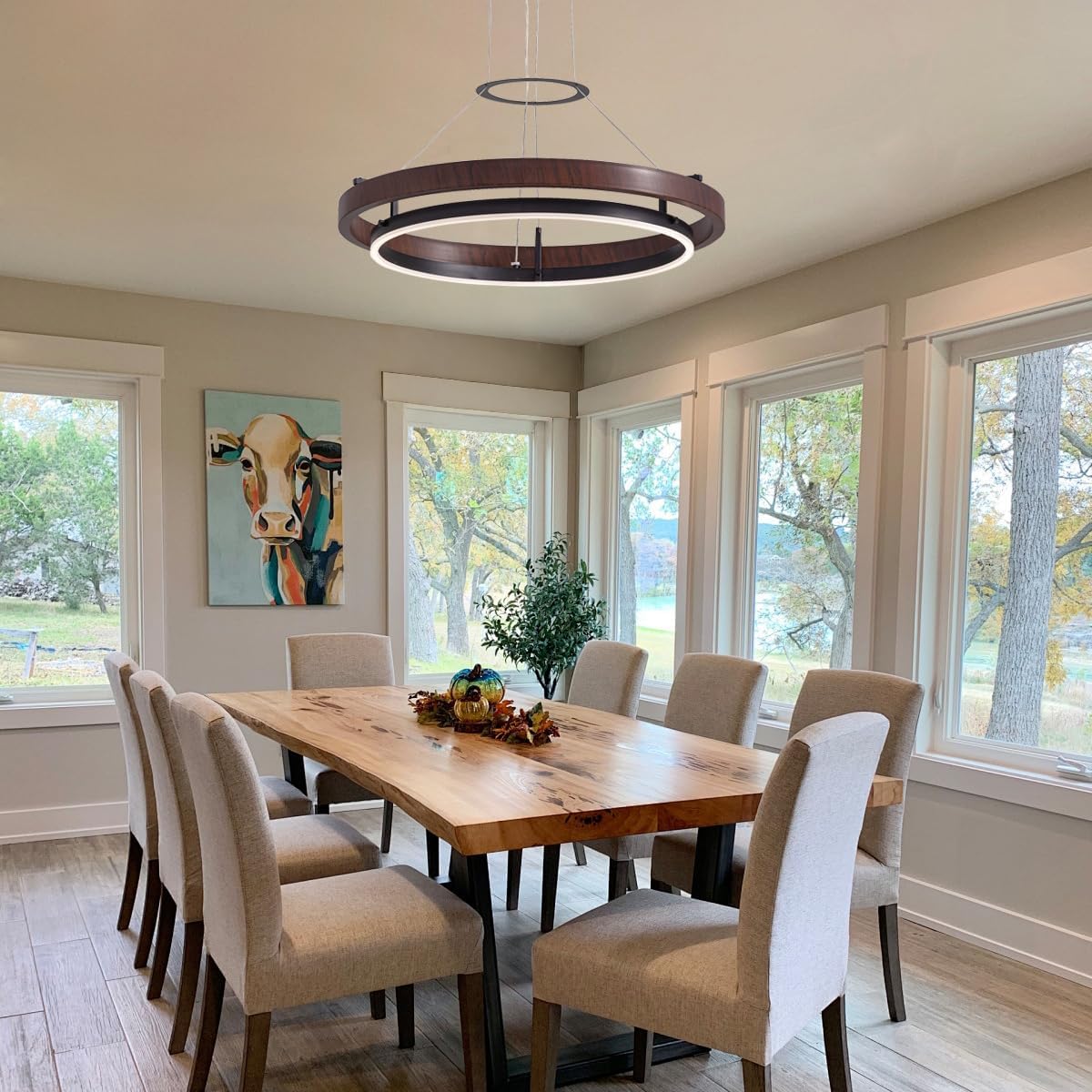 7PMBEANE Modern 24-Inch LED Wood Grain Ring Chandelier