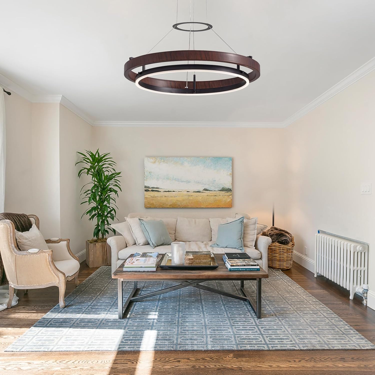 7PMBEANE Modern 24-Inch LED Wood Grain Ring Chandelier