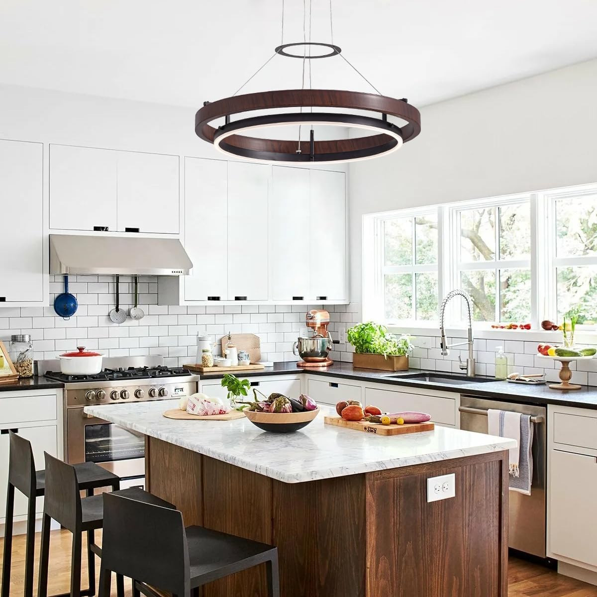 7PMBEANE Modern 24-Inch LED Wood Grain Ring Chandelier