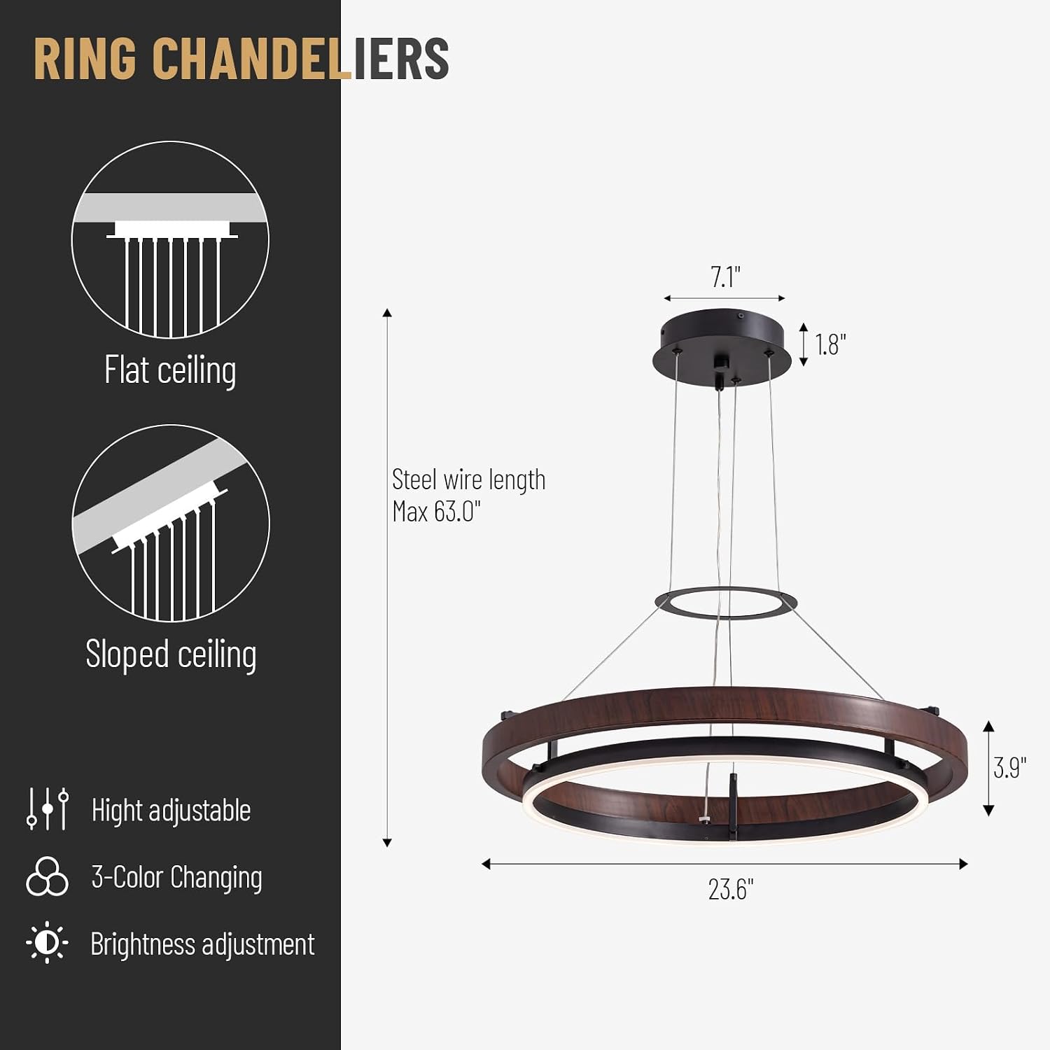 7PMBEANE Modern 24-Inch LED Wood Grain Ring Chandelier
