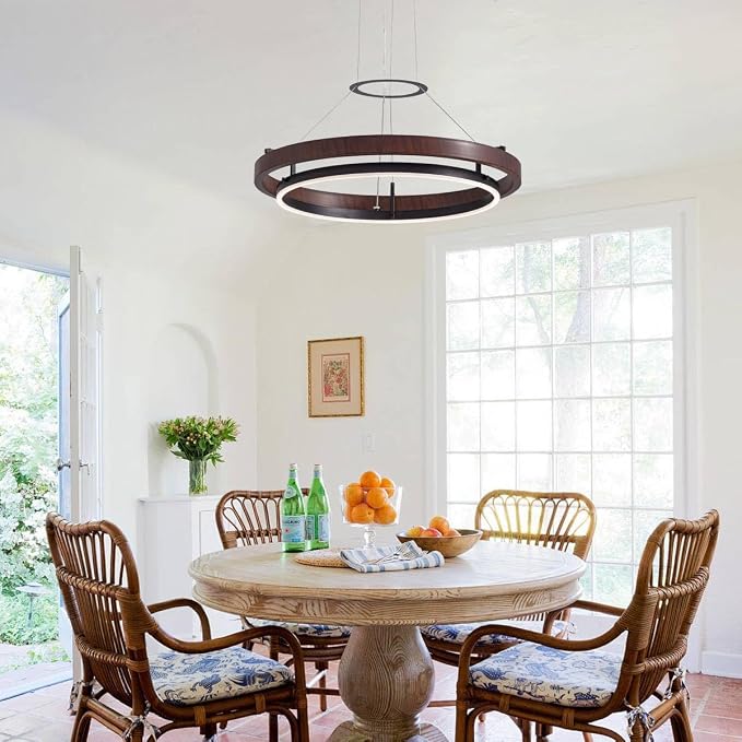 7PMBEANE Modern 24-Inch LED Wood Grain Ring Chandelier