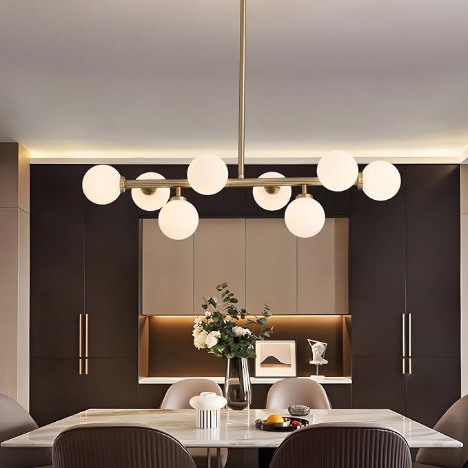 7PMBEANE Modern 8-Light Gold Glass Globe Linear Chandelier