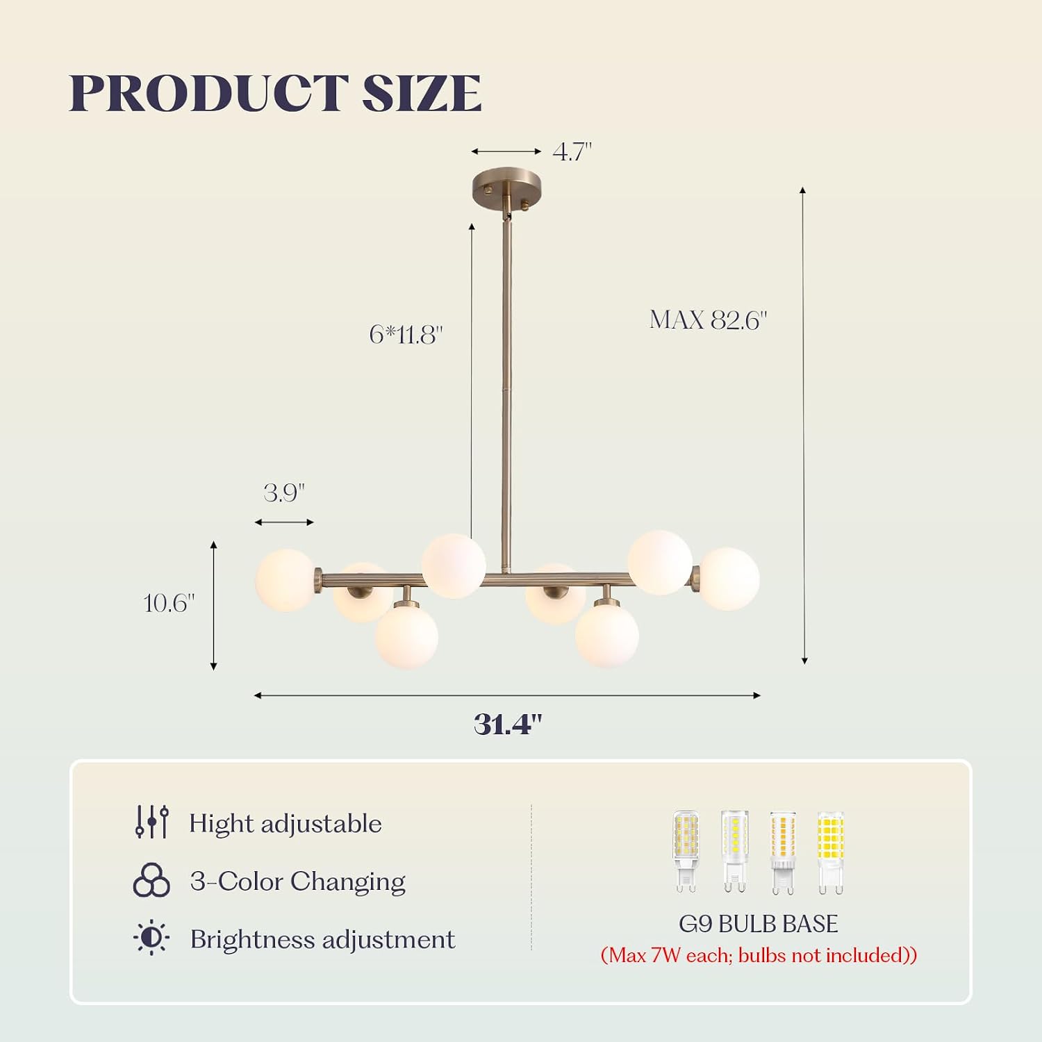 7PMBEANE Modern 8-Light Gold Glass Globe Linear Chandelier