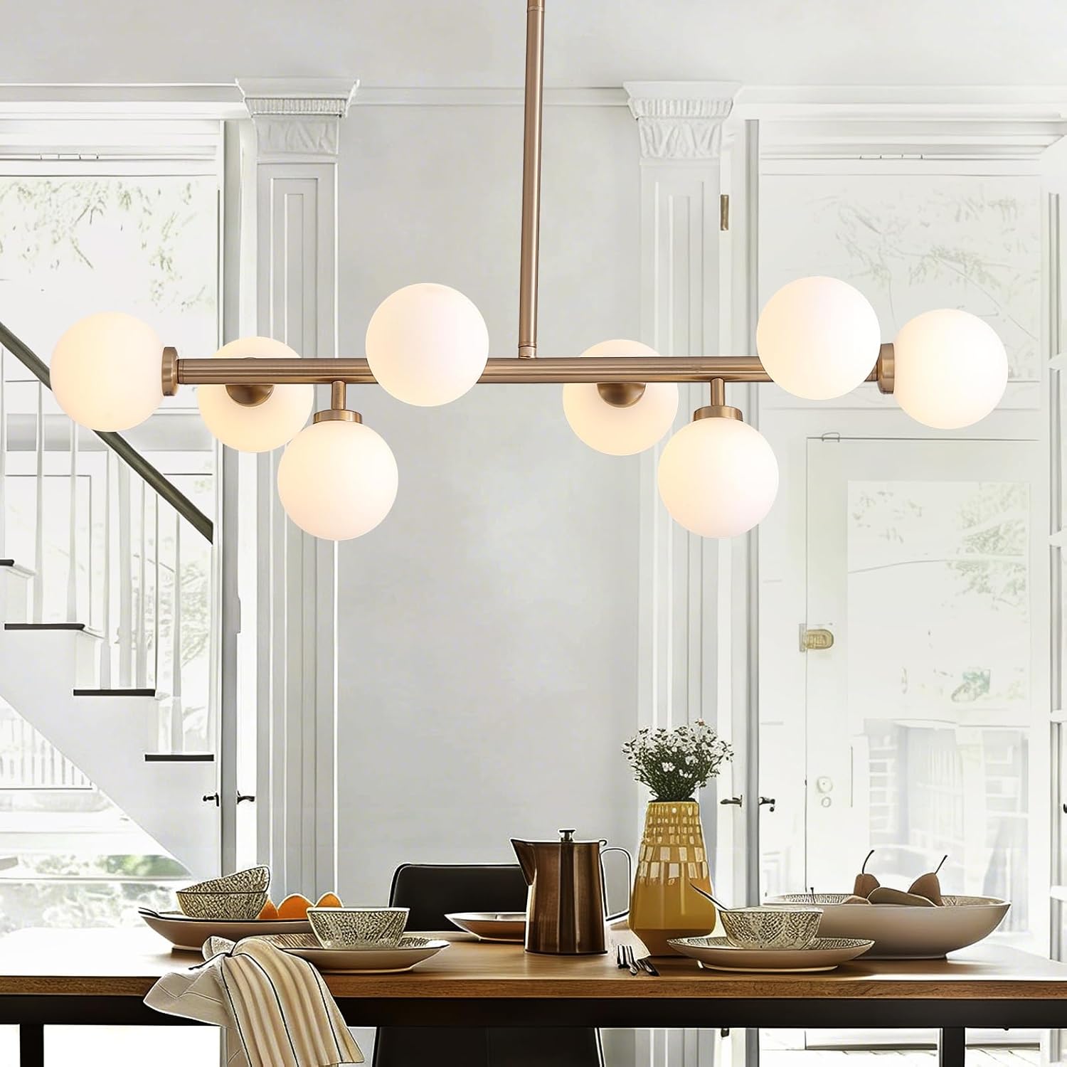 7PMBEANE Modern 8-Light Gold Glass Globe Linear Chandelier