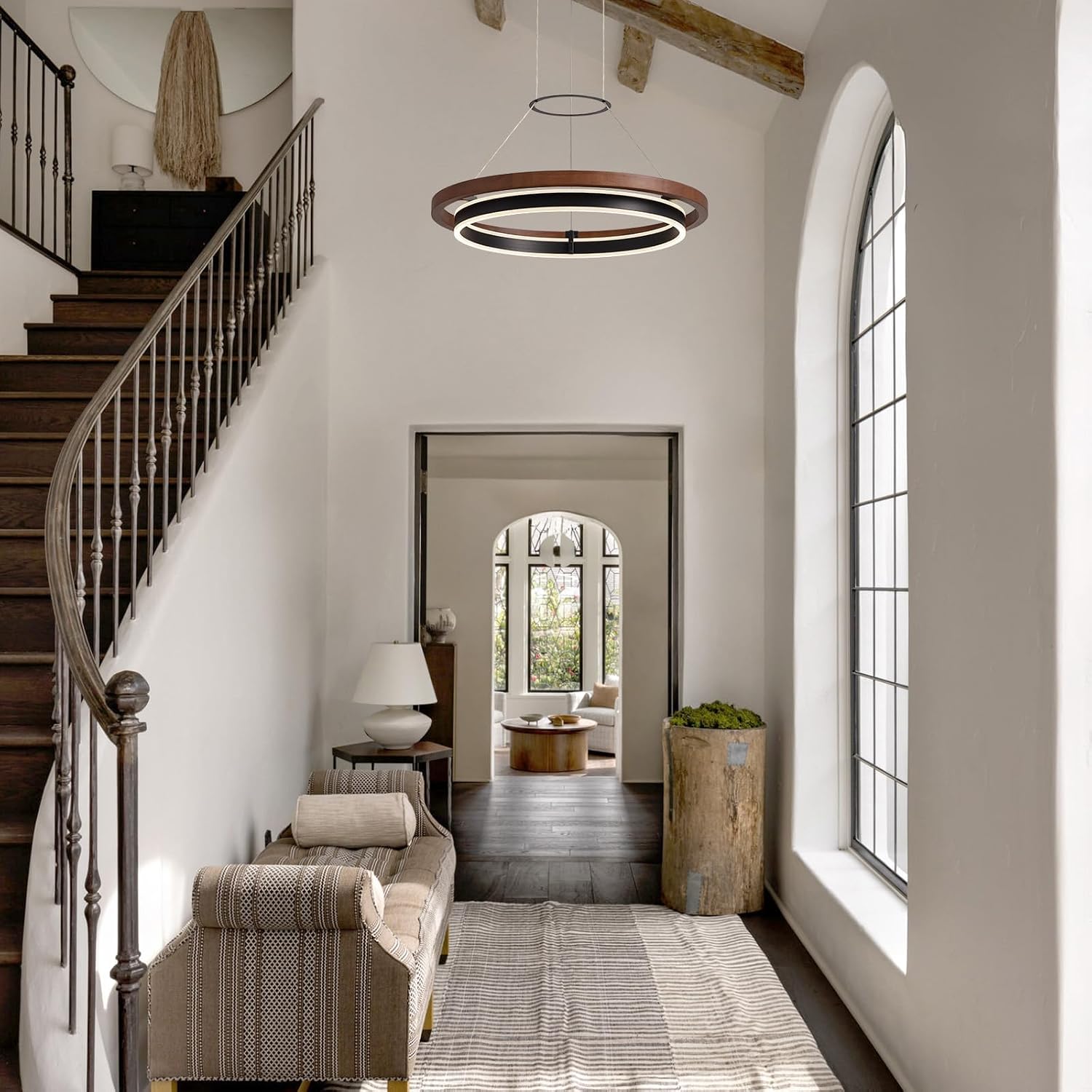 7PMBEANE Modern 24-Inch LED Wood Ring Chandelier Black & Walnut