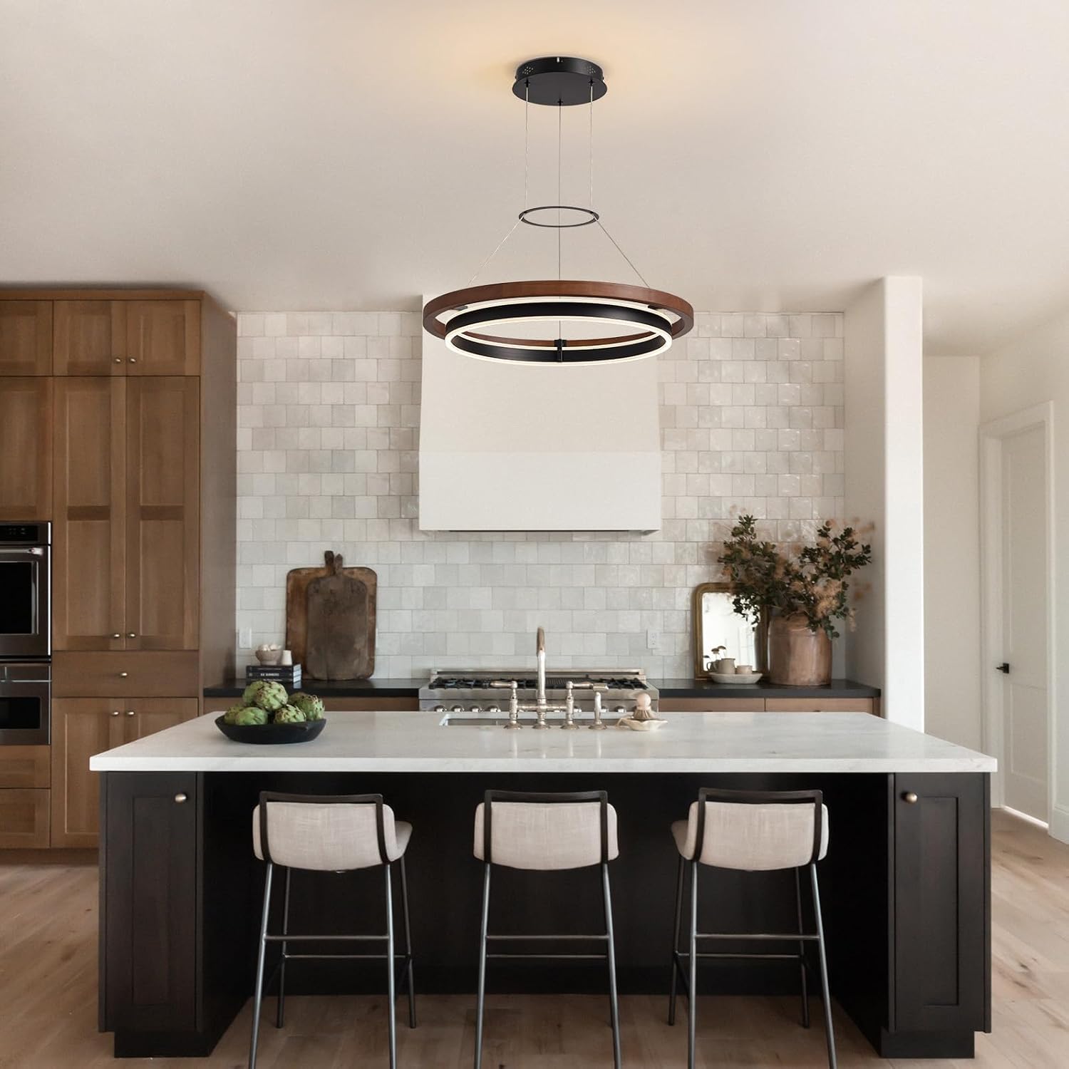 7PMBEANE Modern 24-Inch LED Wood Ring Chandelier Black & Walnut