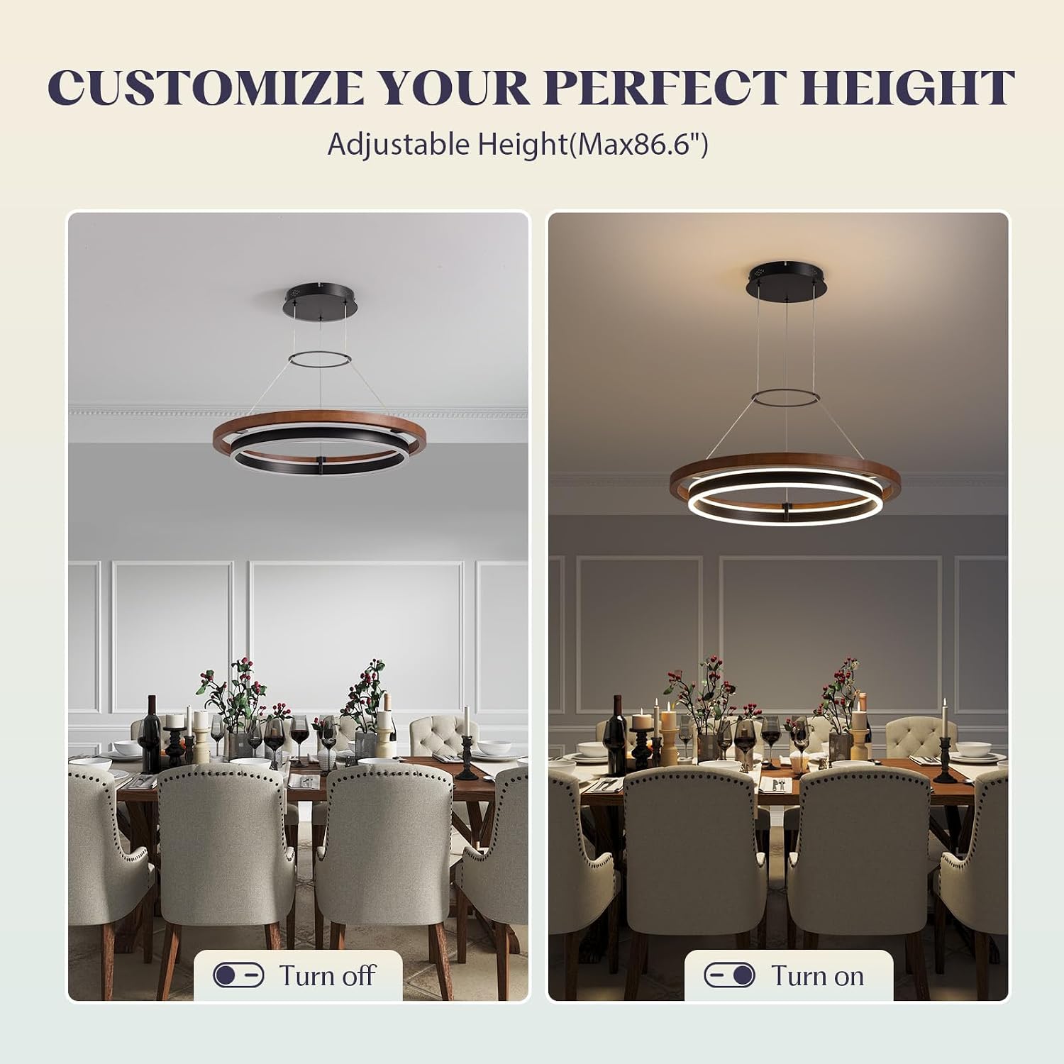 7PMBEANE Modern 24-Inch LED Wood Ring Chandelier Black & Walnut