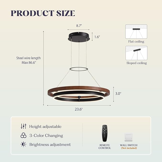 7PMBEANE Modern 24-Inch LED Wood Ring Chandelier Black & Walnut