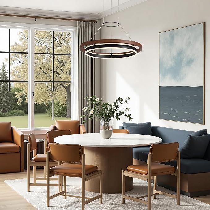 7PMBEANE Modern 24-Inch LED Wood Ring Chandelier Black & Walnut
