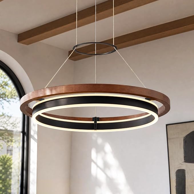 7PMBEANE Modern 24-Inch LED Wood Ring Chandelier Black & Walnut