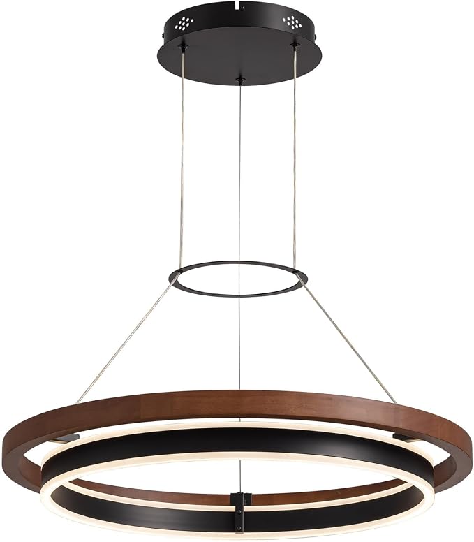 7PMBEANE Modern 24-Inch LED Wood Ring Chandelier Black & Walnut