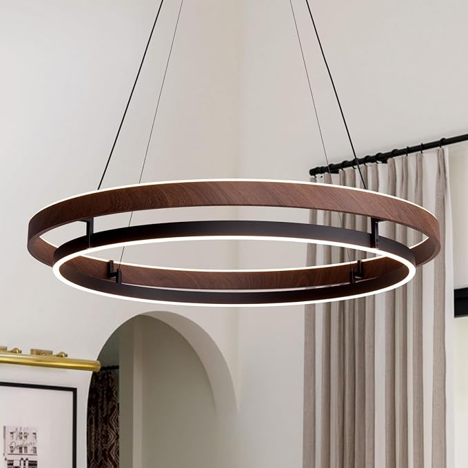 7PMBEANE Modern 31.5-Inch LED Wood Grain Double Ring Chandelier
