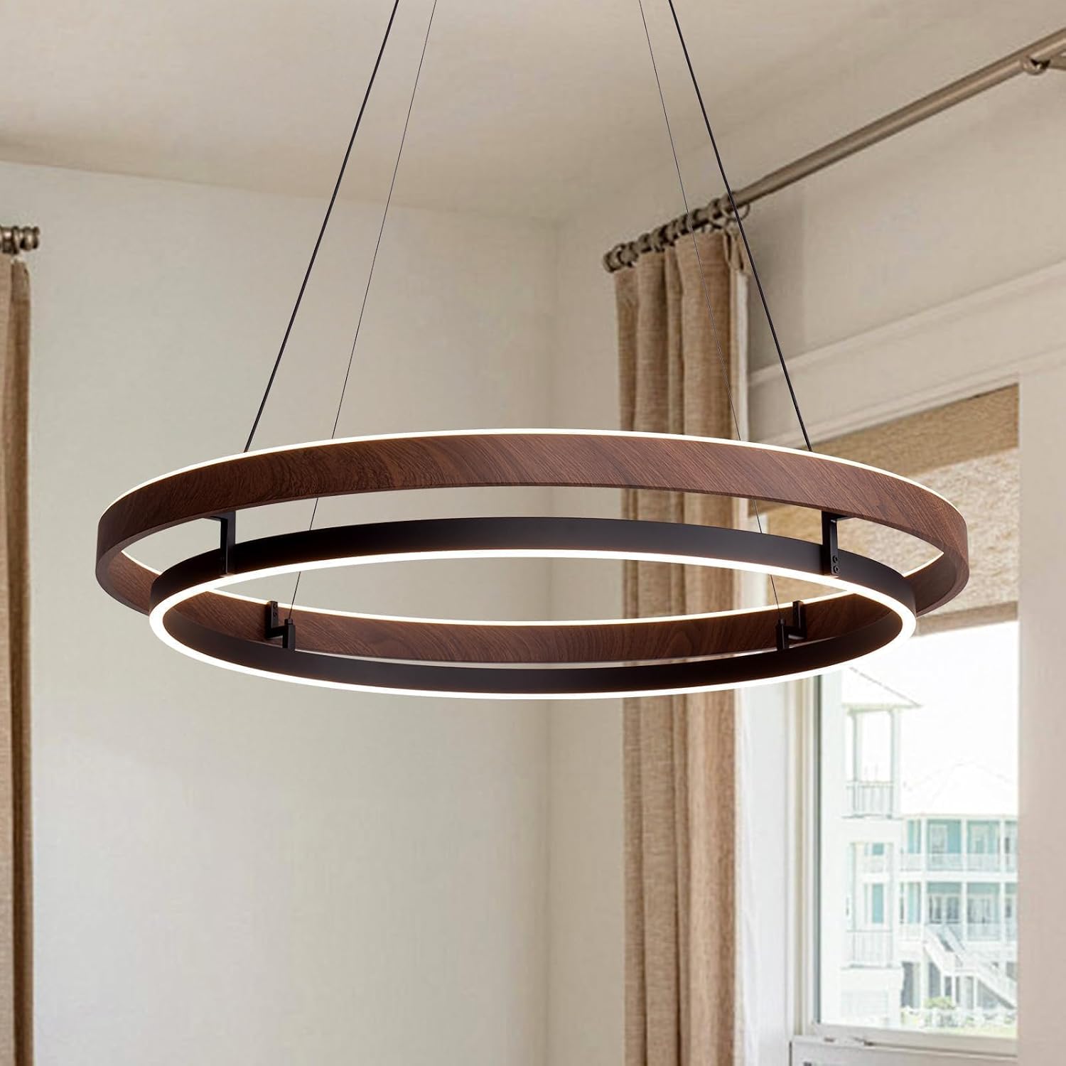 7PMBEANE Modern 31.5-Inch LED Wood Grain Double Ring Chandelier
