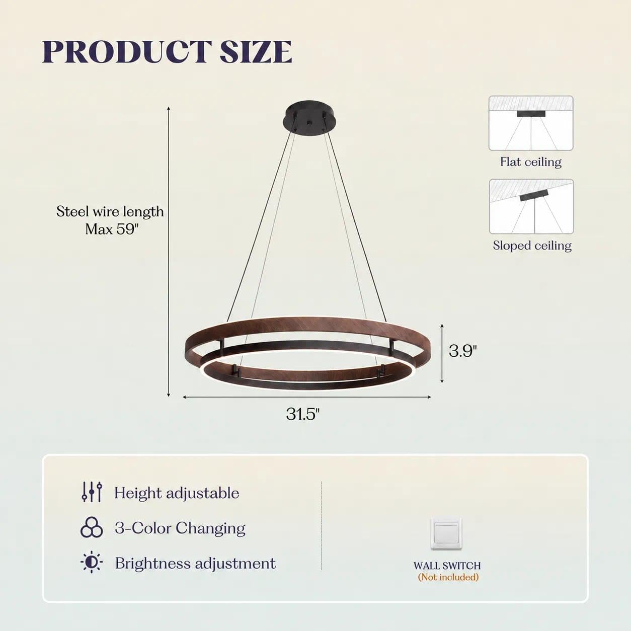 7PMBEANE Modern 31.5-Inch LED Wood Grain Double Ring Chandelier