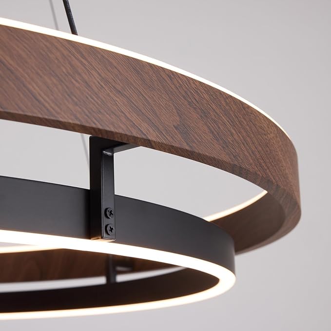7PMBEANE Modern 31.5-Inch LED Wood Grain Double Ring Chandelier