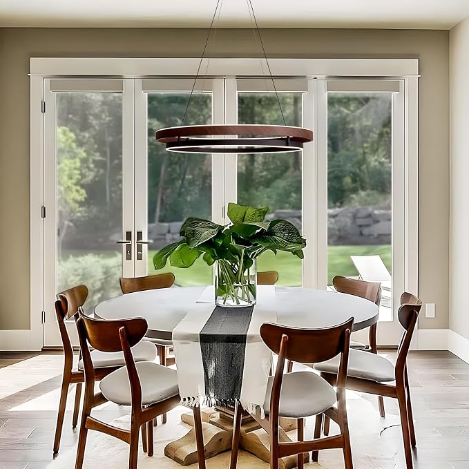 7PMBEANE Modern 31.5-Inch LED Wood Grain Double Ring Chandelier