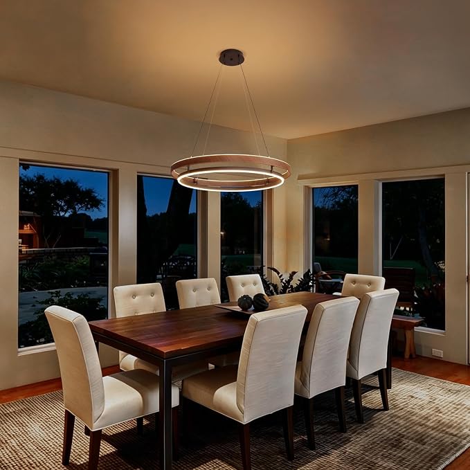 7PMBEANE Modern 31.5-Inch LED Wood Grain Double Ring Chandelier