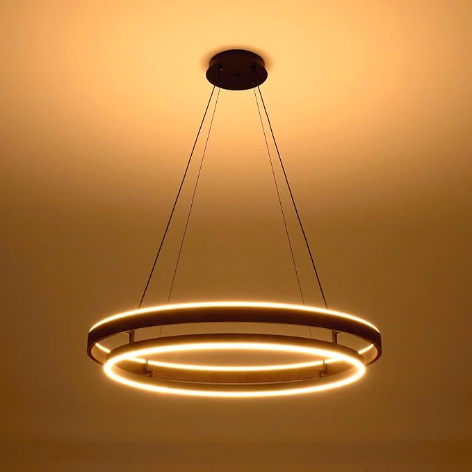 7PMBEANE Modern 31.5-Inch LED Wood Grain Double Ring Chandelier