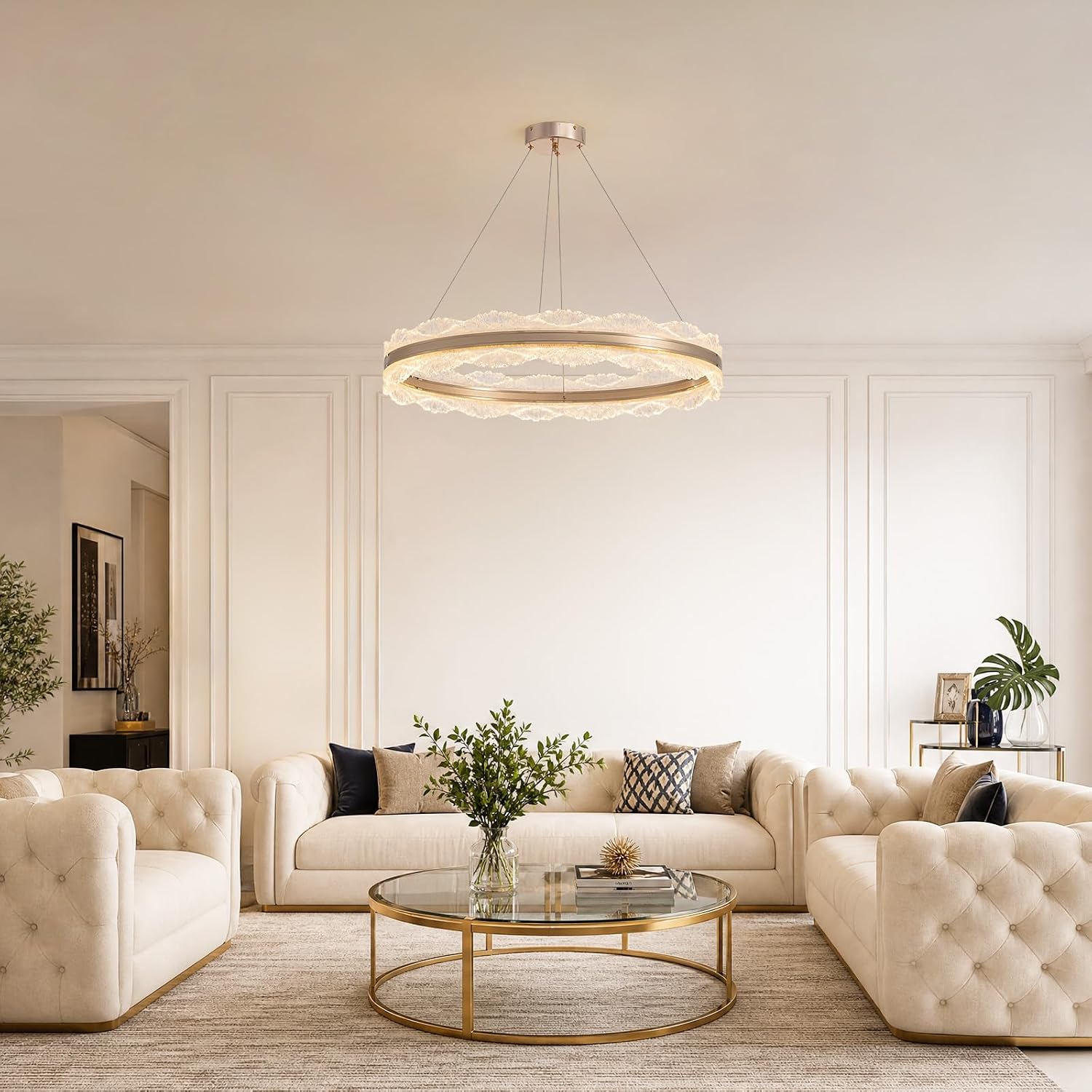 7PMBEANE Modern 31.5-Inch Gold LED Round Chandelier